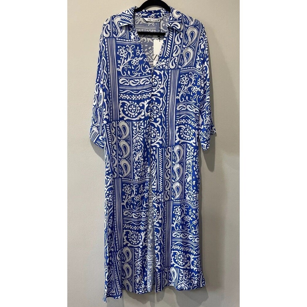 Zara Kaftan Women’s Medium Blue Patchwork Maxi Button Up Coastal Beach Resort